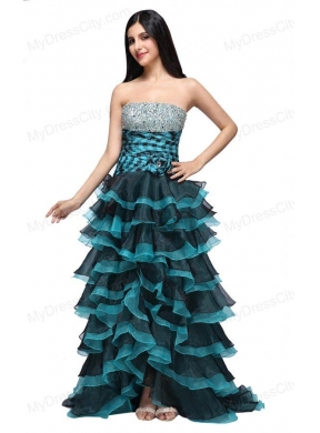 A-line Strapless Black and Blue Ruffled Layers Organza Beading Prom Dress