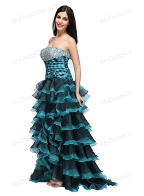 A-line Strapless Black and Blue Ruffled Layers Organza Beading Prom Dress