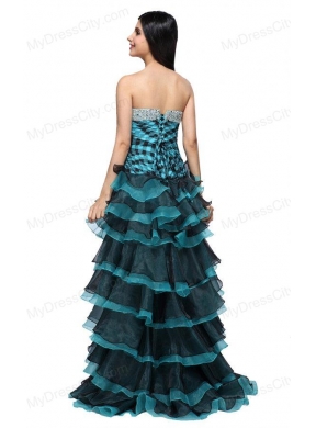 A-line Strapless Black and Blue Ruffled Layers Organza Beading Prom Dress