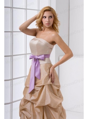 A-line Strapless Taffeta Champagne Prom Dress with Sashes