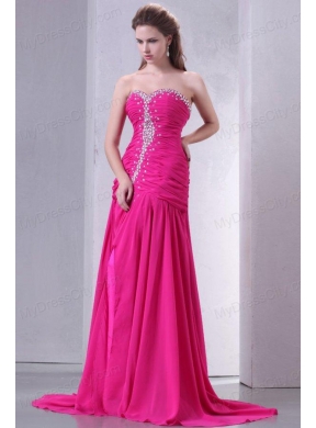 A-line Sweetheart Beading and Ruche Chiffon Prom Dress in Hot Pink