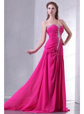 A-line Sweetheart Beading and Ruche Chiffon Prom Dress in Hot Pink