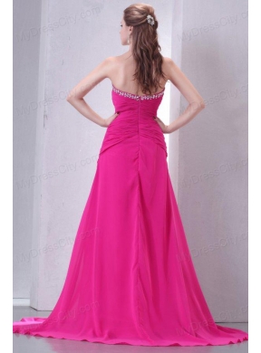 A-line Sweetheart Beading and Ruche Chiffon Prom Dress in Hot Pink