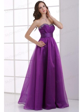 A-line Sweetheart Eggplant Purple Ruching Beading Chiffon Prom Dress