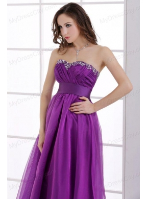 A-line Sweetheart Eggplant Purple Ruching Beading Chiffon Prom Dress