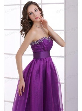 A-line Sweetheart Eggplant Purple Ruching Beading Chiffon Prom Dress