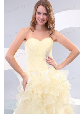 A-line Sweetheart Organza Ankle-length Beading and Ruffles Yellow Prom Dress