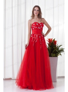 A-line Sweetheart Red Long Beading Tulle 2014 Prom Dress