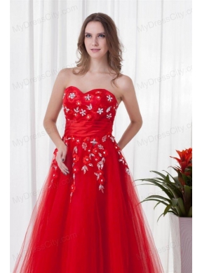 A-line Sweetheart Red Long Beading Tulle 2014 Prom Dress