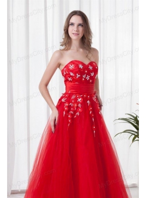 A-line Sweetheart Red Long Beading Tulle 2014 Prom Dress