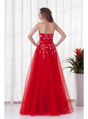 A-line Sweetheart Red Long Beading Tulle 2014 Prom Dress