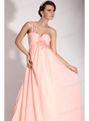 Baby Pink Empire One Shoulder Appliques and Ruching Prom Dress