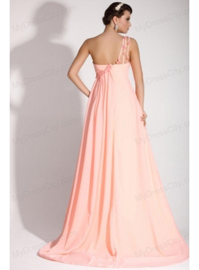 Baby Pink Empire One Shoulder Appliques and Ruching Prom Dress