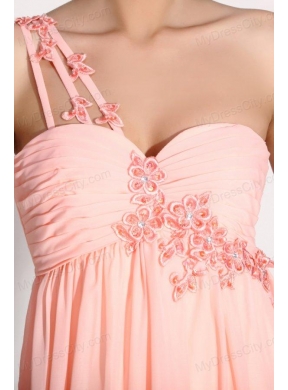 Baby Pink Empire One Shoulder Appliques and Ruching Prom Dress