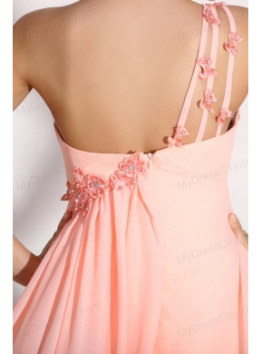 Baby Pink Empire One Shoulder Appliques and Ruching Prom Dress