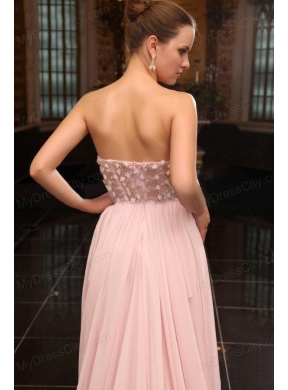 Baby Pink Strapless Appliques Ruching Brush Train Prom Dress