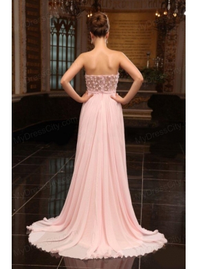 Baby Pink Strapless Appliques Ruching Brush Train Prom Dress