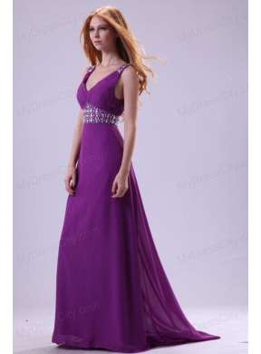 Beaded Decorate Shoulder and Waist V-neck Empire Purple Prom Dress