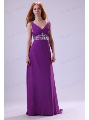 Beaded Decorate Shoulder and Waist V-neck Empire Purple Prom Dress