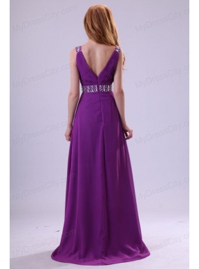 Beaded Decorate Shoulder and Waist V-neck Empire Purple Prom Dress