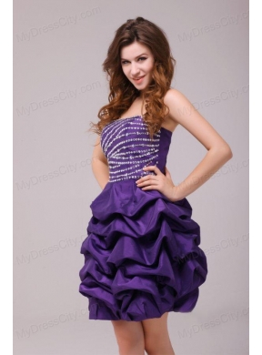 Beaded Purple Short Prom Dress Mini-length with Pick-ups