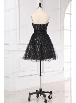 Black Mini-length Short Prom Dress with Flowers Belt