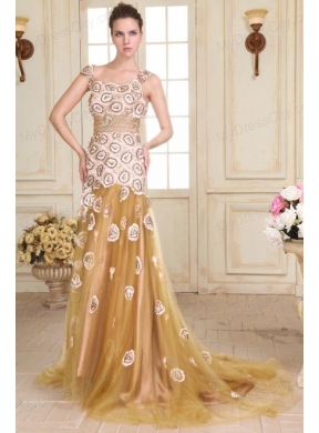 Champagne Empire Straps Appliques Prom Dress with Brush Train