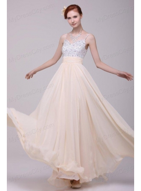 Champagne Spaghetti Straps Empire Chiffon Beaded Decorate Prom Dress