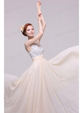 Champagne Spaghetti Straps Empire Chiffon Beaded Decorate Prom Dress