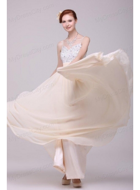 Champagne Spaghetti Straps Empire Chiffon Beaded Decorate Prom Dress