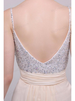 Champagne Spaghetti Straps Empire Chiffon Beaded Decorate Prom Dress