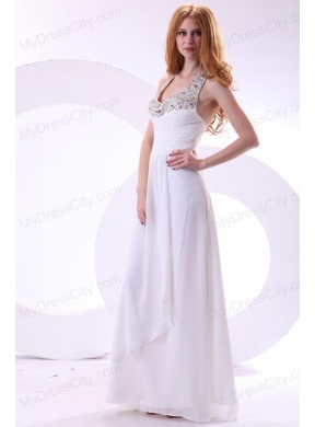 Chiffon Halter Top Beaded Empire White Prom Dress