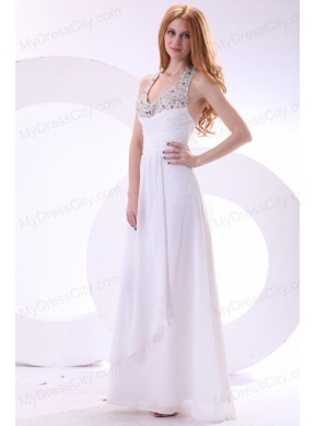 Chiffon Halter Top Beaded Empire White Prom Dress