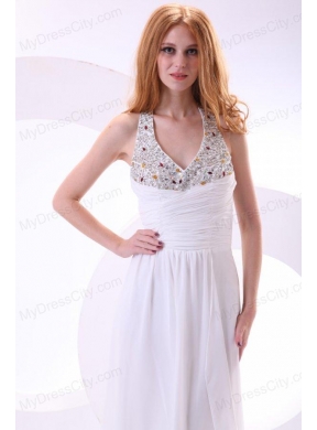 Chiffon Halter Top Beaded Empire White Prom Dress