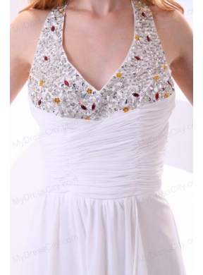 Chiffon Halter Top Beaded Empire White Prom Dress