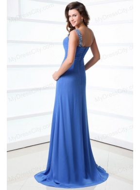 Column Blue One Shoulder Beading and Ruching High Slit Prom Dress