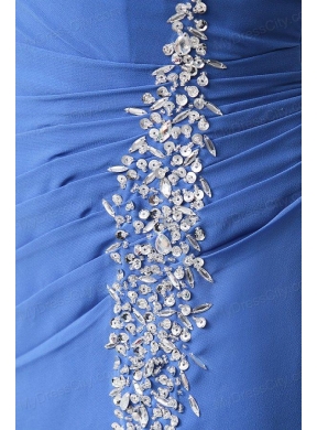 Column Blue One Shoulder Beading and Ruching High Slit Prom Dress