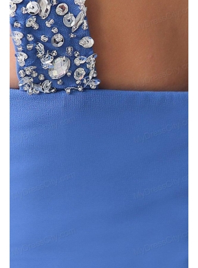 Column Blue One Shoulder Beading and Ruching High Slit Prom Dress