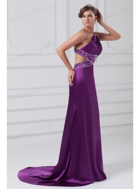 Column One Shoulder Brush Train Elastic Woven Satin Beading Purple Prom Dress