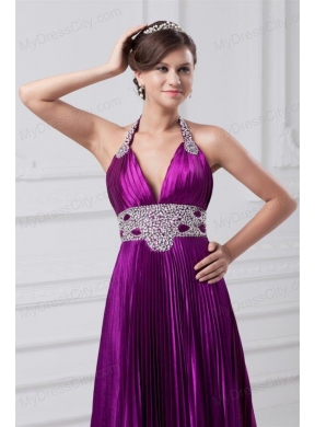 Column One Shoulder Brush Train Elastic Woven Satin Beading Purple Prom Dress