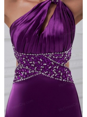 Column One Shoulder Brush Train Elastic Woven Satin Beading Purple Prom Dress