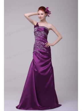 Column One Shoulder Lace Up Floor-length Beading Taffeta Purple Prom Dress