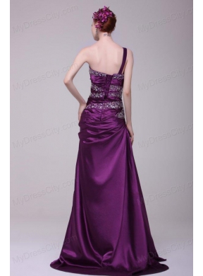 Column One Shoulder Lace Up Floor-length Beading Taffeta Purple Prom Dress