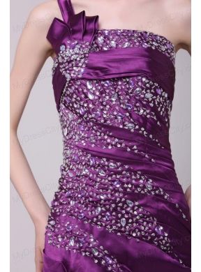 Column One Shoulder Lace Up Floor-length Beading Taffeta Purple Prom Dress