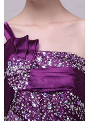 Column One Shoulder Lace Up Floor-length Beading Taffeta Purple Prom Dress