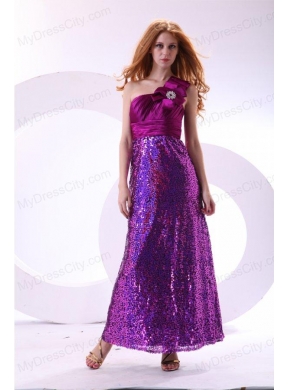 Column One Shoulder Purple Ankle-length Sequins Paillette Prom Dress