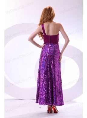 Column One Shoulder Purple Ankle-length Sequins Paillette Prom Dress