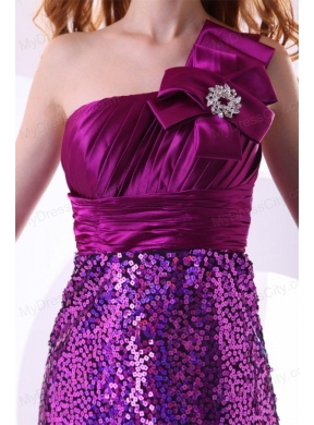 Column One Shoulder Purple Ankle-length Sequins Paillette Prom Dress