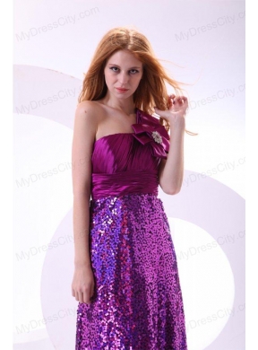 Column One Shoulder Purple Ankle-length Sequins Paillette Prom Dress