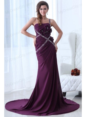 Column Purple One Shoulder Beading and Ruching Prom Dress